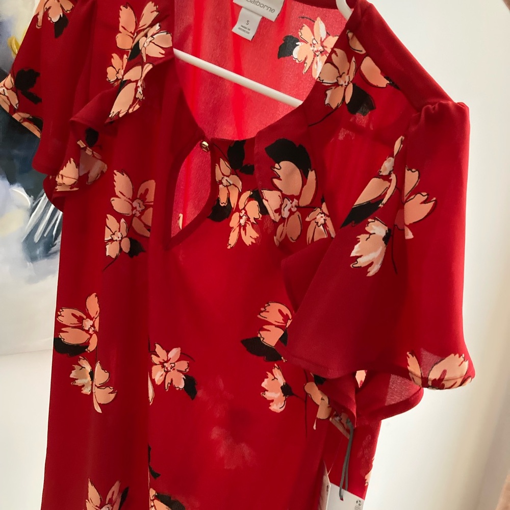 Liz Claiborne Red and Black Floral Blouse - Picture 3 of 8